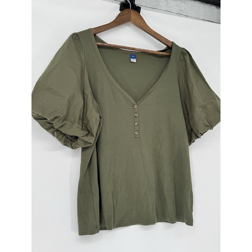 Old Navy Olive Green Puff Sleeve Henley Ribbed Knit 2X NWT Fairy Boho Holiday - Picture 2 of 7